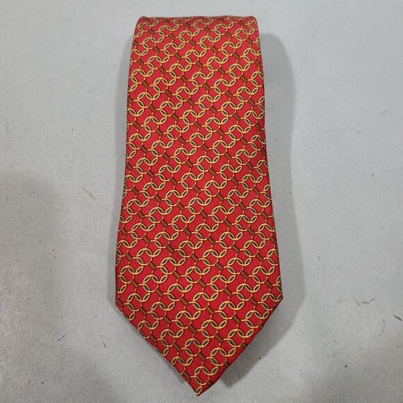 HERMÈS Paris 100% Silk Necktie Red Chain Link Pattern - Picture 1 of 6